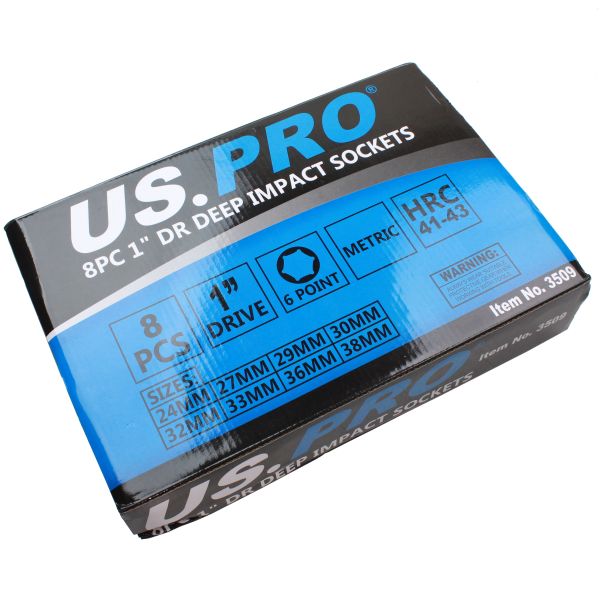 US Pro 1'' Inch Deep Impact Socket Set 24 27 29 30 32 33 36 38mm HGV 6 point Long