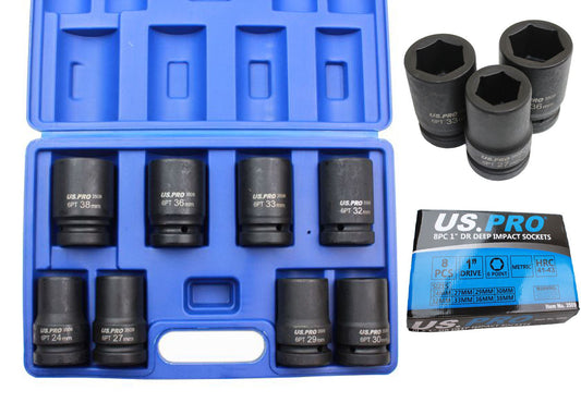 US Pro 1'' Inch Deep Impact Socket Set 24 27 29 30 32 33 36 38mm HGV 6 point Long