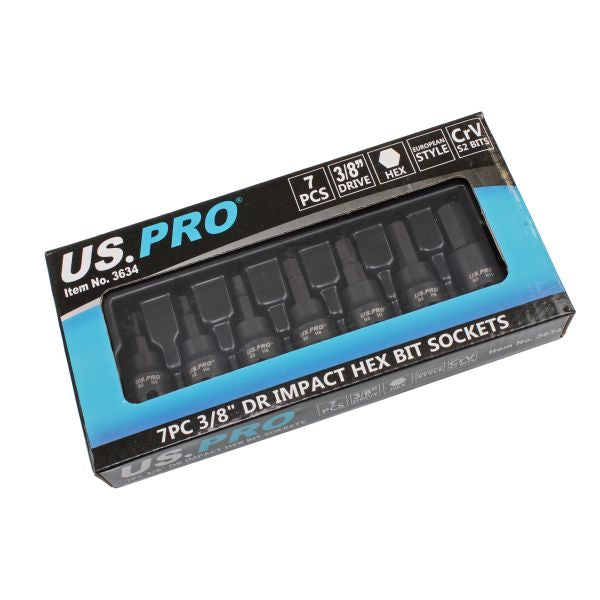 US Pro 7pc Impact HEX Bit Socket Set 3/8'' Drive H3 - H10 S2 Bits