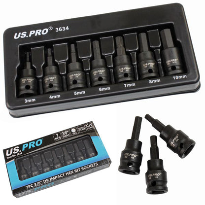 US Pro 7pc Impact HEX Bit Socket Set 3/8'' Drive H3 - H10 S2 Bits