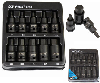 US Pro 10pc Impact Hex Socket Bit Set 1/2'' Drive 4mm to 19mm Allen Key Sockets