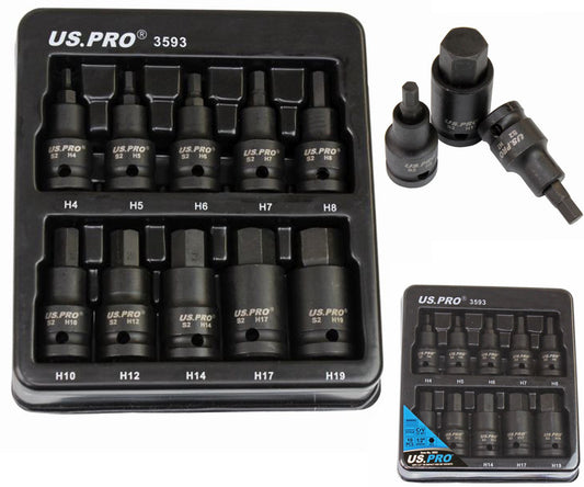 US Pro 10pc Impact Hex Socket Bit Set 1/2'' Drive 4mm to 19mm Allen Key Sockets