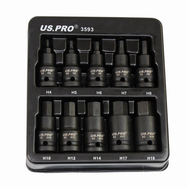 US Pro 10pc Impact Hex Socket Bit Set 1/2'' Drive 4mm to 19mm Allen Key Sockets
