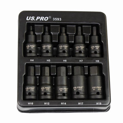 US Pro 10pc Impact Hex Socket Bit Set 1/2'' Drive 4mm to 19mm Allen Key Sockets