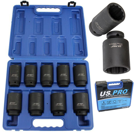 9pc 12 Point Deep Iimpact Socket Set Axle Hub Nut 1/2''Dr Thin Wall Drive Shaft Socket