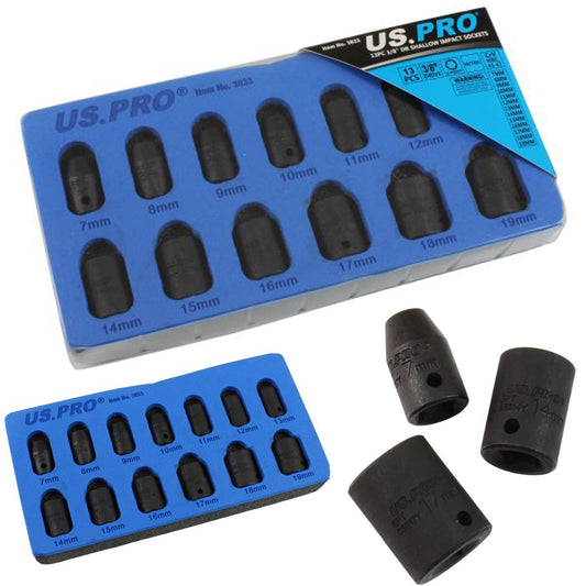 US Pro 13pc 3/8''Dr Shallow Impact Sockets 7-19mm in EVA foam tray