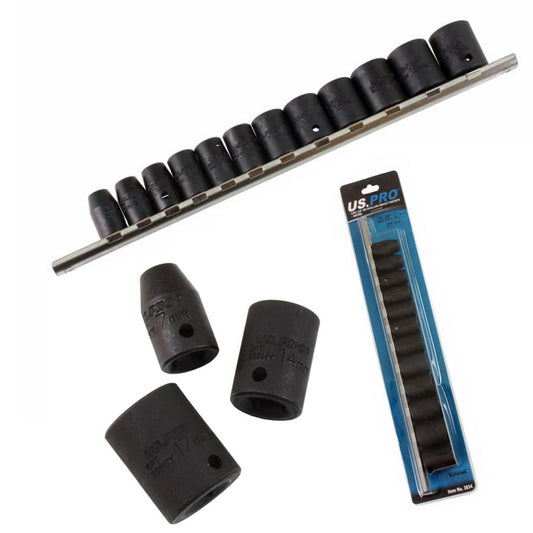 12pc 3/8''Dr Shallow Impact Sockets on Rail metric 8-19mm 6 point Socket US Pro