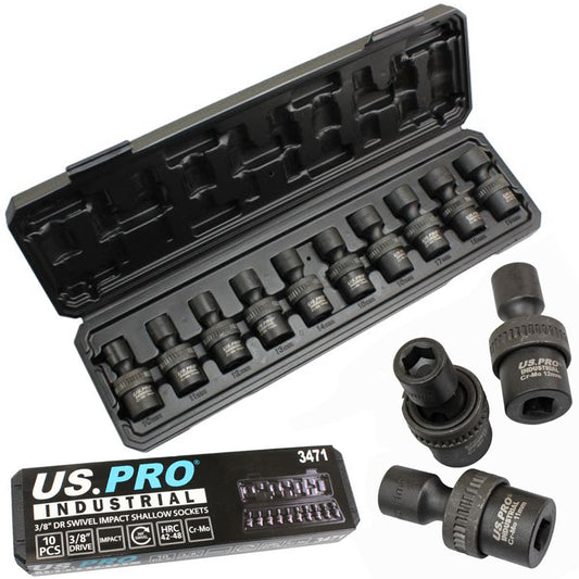 10pc 3/8? Dr Swivel Impact Shallow Sockets 360� 10-19mm US PRO Industrial
