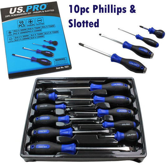 US Pro 10 Piece Screwdriver Set Phillips and Slotted Magnetic Tip flat cross