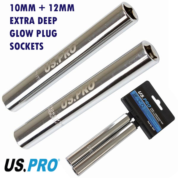 US Pro 2pc Extra Deep Long Glow Plug Sockets Set 10mm and 12mm 3/8'' Drive