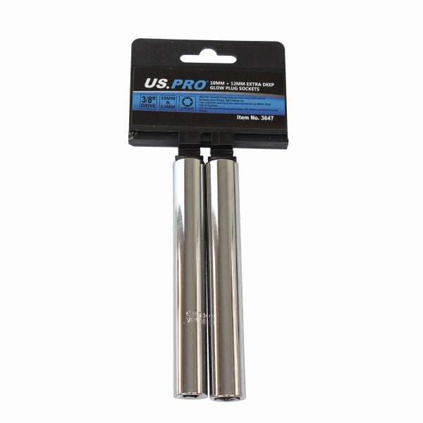 US Pro 2pc Extra Deep Long Glow Plug Sockets Set 10mm and 12mm 3/8'' Drive