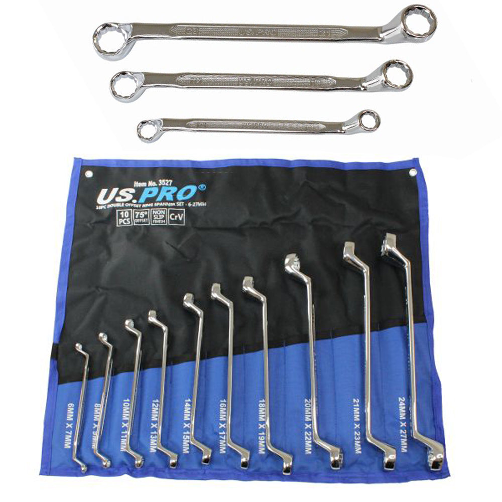 US Pro 10pc Offset Ring Spanners 6-27mm 12 Point Swan Neck Double Box Wrench