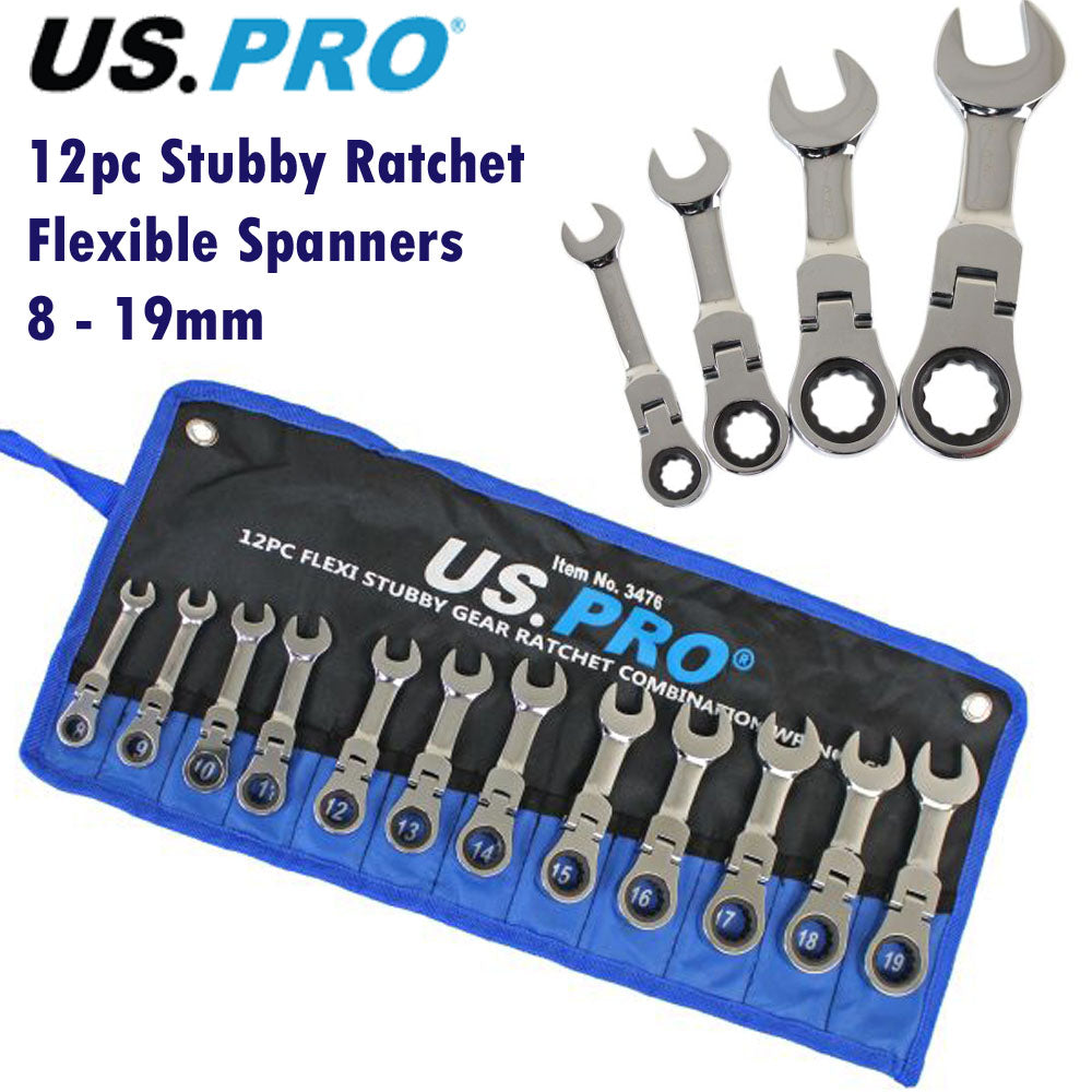 US PRO 12pc Metric Stubby Flexible Ratchet Spanner Wrench Set 8-19mm Ring Gear