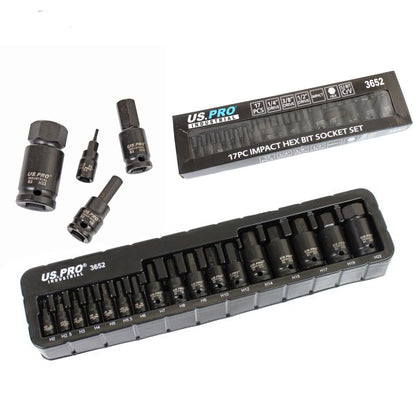 US PRO INDUSTRIAL 17pc IMPACT HEX Bit Socket Set Mixed Drive 2mm - 22mm