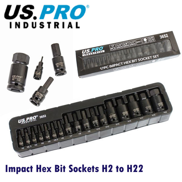 US PRO INDUSTRIAL 17pc IMPACT HEX Bit Socket Set Mixed Drive 2mm - 22mm