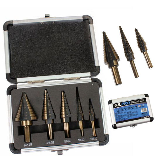 US Pro 5pc Step Drill Set In Case 3/8? - 1,3/8? 3  HSS-G Flats Shank