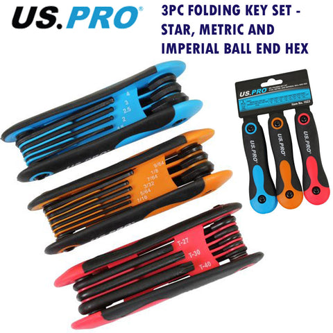 US Pro 3pc Folding Key Set Star Torx, Metric and Imperial Ball End Hex SAE