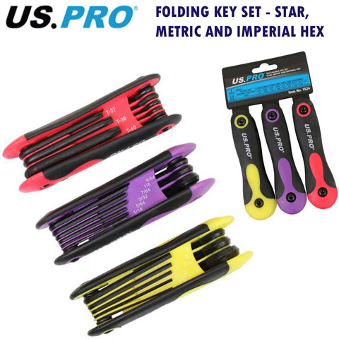 US Pro 3pc Folding Key Set Star Torx, Metric and Imperial Hex SAE Allen
