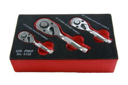 1/4'' 3/8'' 1/2'' 3pc Stubby Ratchet Handle Set Short  Wrench Sockets US Pro