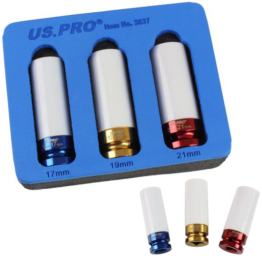 US PRO 3pc 1/2''dr deep IMPACT SOCKET SET Alloy Wheel Thin Wall 17 19 21mm B1319