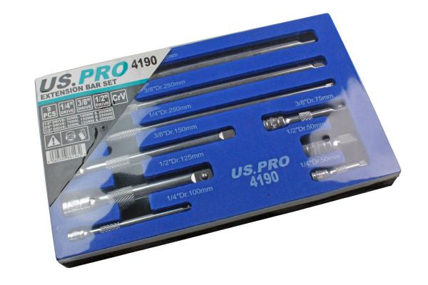 US PRO 9pc 1/4''-3/8''-1/2'' Dr Extension Bar Set 4190