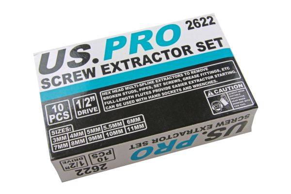US PRO 10pc Hex head multi-spline extractors, removes broken studs etc B2622
