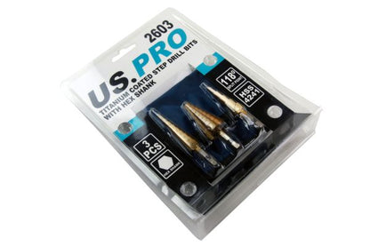 US PRO 3pc Titanium Coated HSS Step Drill Bit Set, Cone Drills B2603
