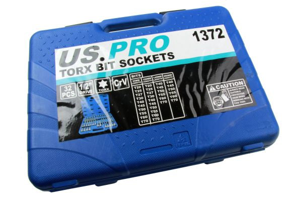 US Pro 32pc 1/2"Dr Torx TRX Star Bit Socket Set S2 Steel T20-T70 55-200mm length