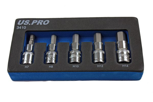 US Pro 5 piece set of 1/2" drive metric hex bit sockets 7, 8, 10, 12, 14mm 60mm length B3410
