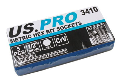 US Pro 5 piece set of 1/2" drive metric hex bit sockets 7, 8, 10, 12, 14mm 60mm length B3410