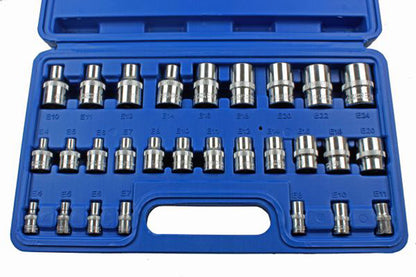 US Pro E-torx Sockets 28pc 1/4 3/8 1/2 inch Drive Female Star Socket Set E4-E24