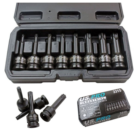 US Pro by Bergen 8pc 1/2 Impact Torx TRX-Star Socket Bit Set T30-T80 Cr-Mo 80mm long B3315