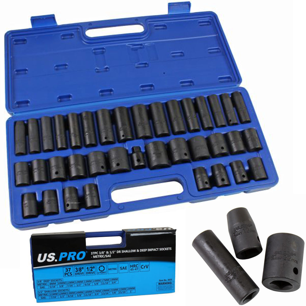 US Pro 37pc Impact Sockets Set Metric Imperial SAE AF 6 point 8-24mm 5/16-1 inch