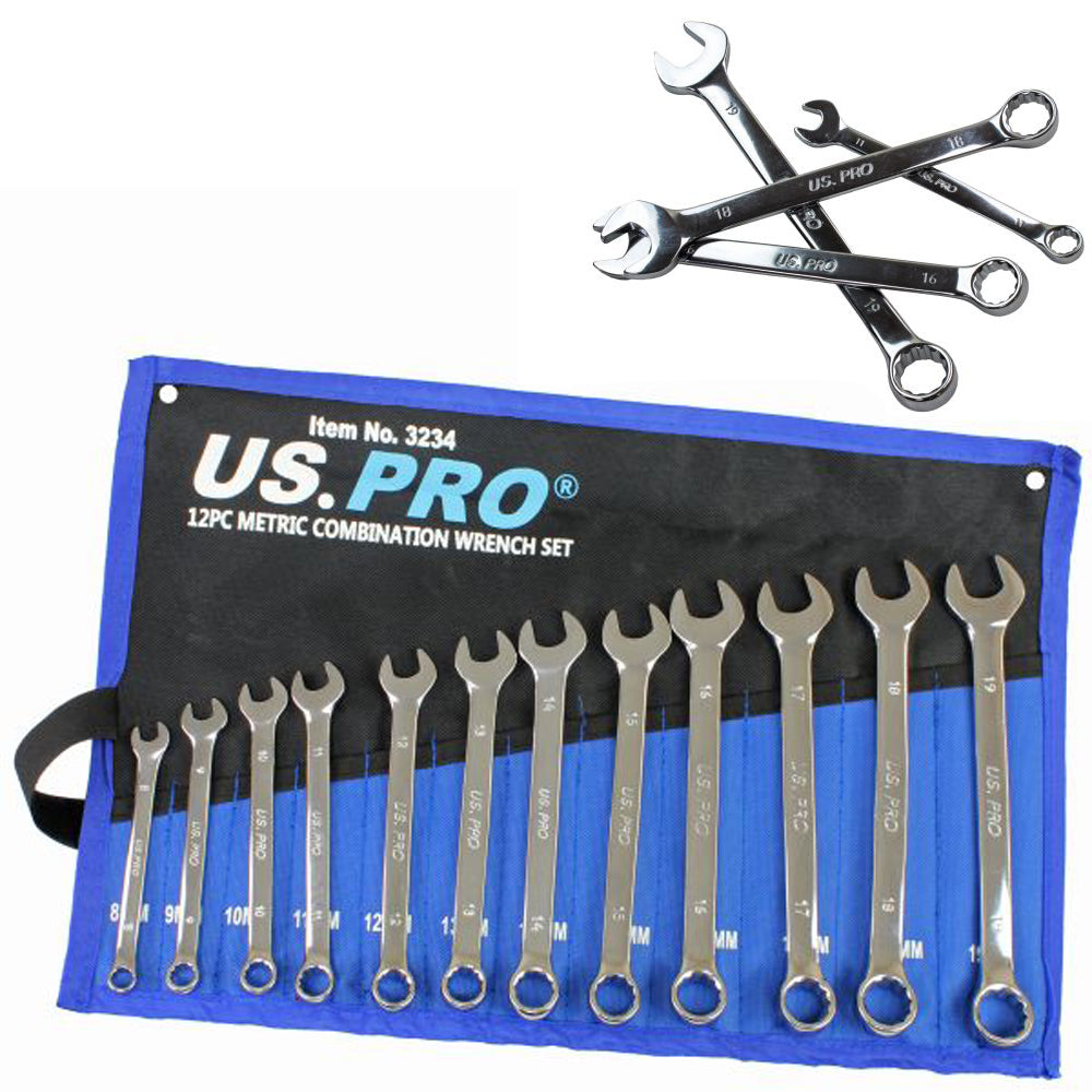 US Pro 12pc Combination Spanner Set Spanners Metric 8-19mm Wrenches Polished