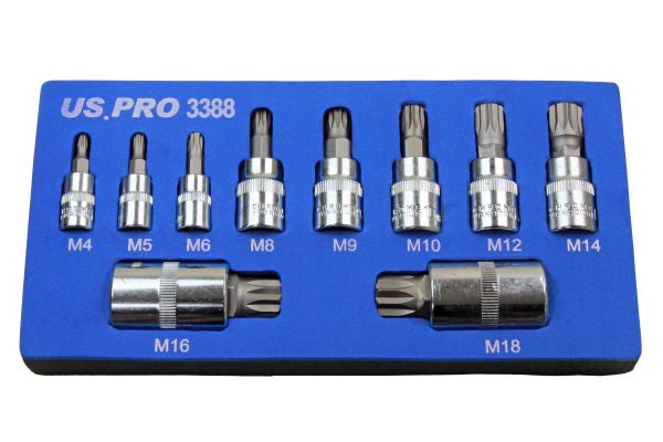 US PRO Tools 10pc Triple Square Spline Bit Sockets In Foam Tray M4-M18 B3388